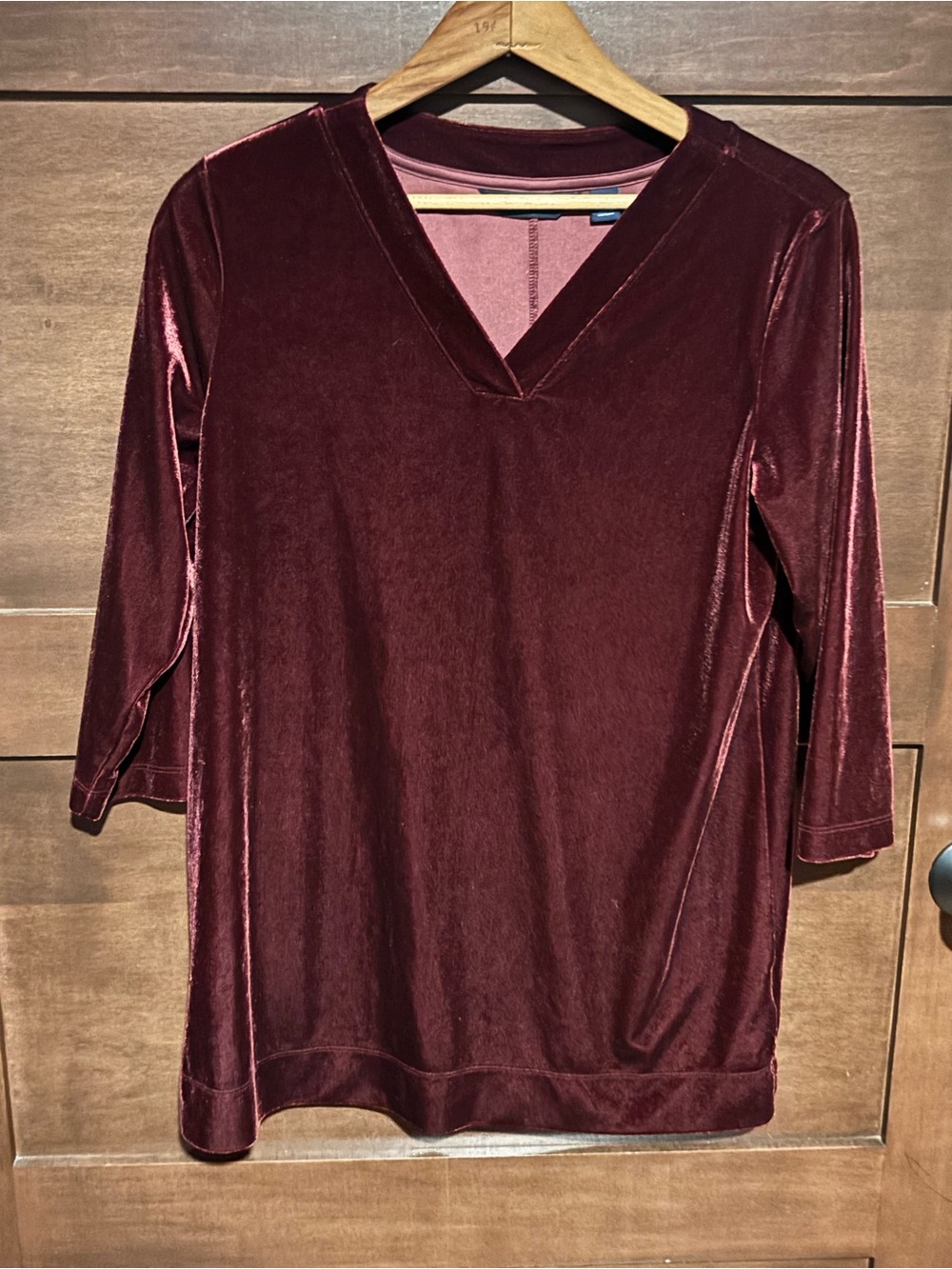 Lands' End Velvet V-Neck 3/4 Sleeve Top - Burgundy